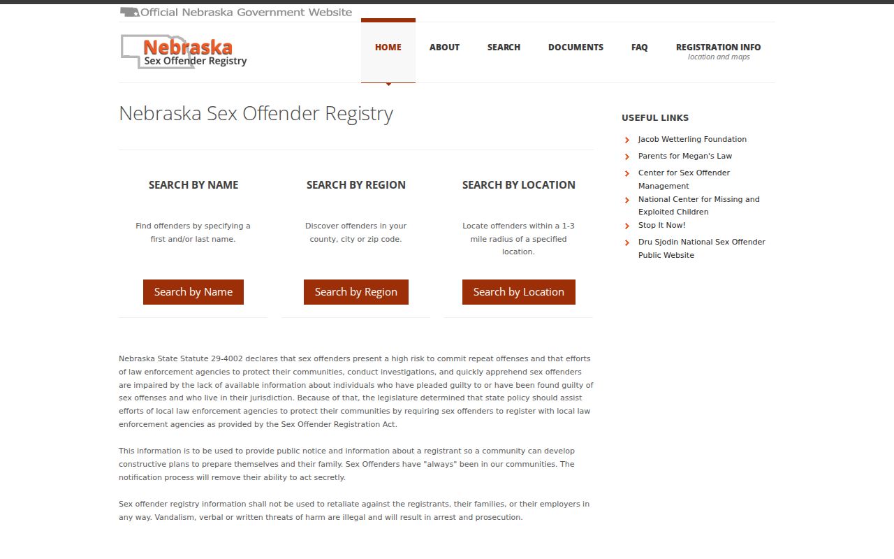 Logan County sex offender lookup on the Nebraska registry landing page